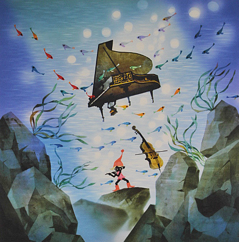 ■★藤城清治 【海の中のピアノ】 あずま工芸 リトグラフ 刷込みサイン 印章有り エディション有り 保証書有り