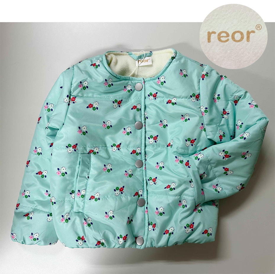 新品 120 ★ コストコ reor 中綿 ジャケット 裏ボア 花柄 エメラルドグリーン キッズ ガールズ 女の子 ジャンパー レオール ノーカラー