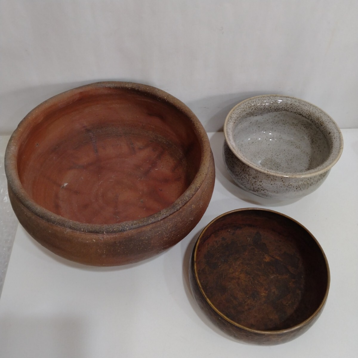 M311043　茶道具　建水　茶こぼし　陶器　銅製　大小３点まとめて　箱なし