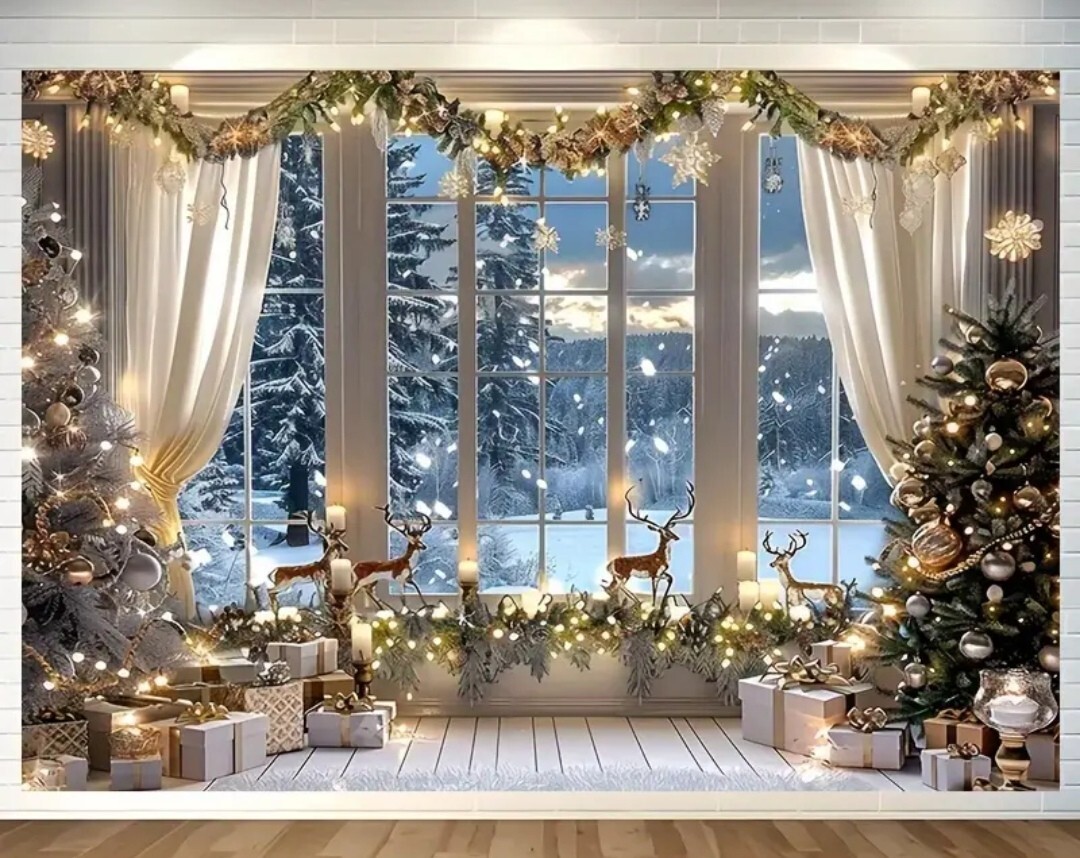 1297【新品未使用】230cm × 180cm タペストリー クリスマス 雪 冬 窓 プレゼント トナカイ イルミネーション デコレーション ウィンター 