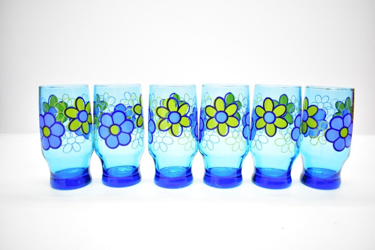 未使用 リビー社 レトロポップ ブルーデイジー タンブラー グラス 6客[リビー][コップ][カップ][ガラス][花柄][POP][昭和レトロ][当時物]