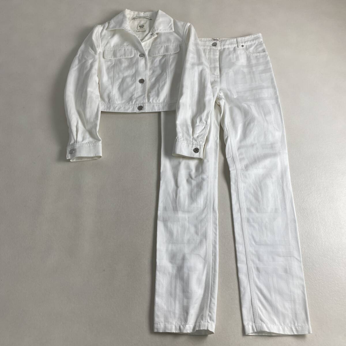 現行◎エルメス セットアップ HERMES H模様 クロップド セリエボタン 34サイズ XS S相当 ホワイト 白 希少 ジャケット パンツ 革パッチ