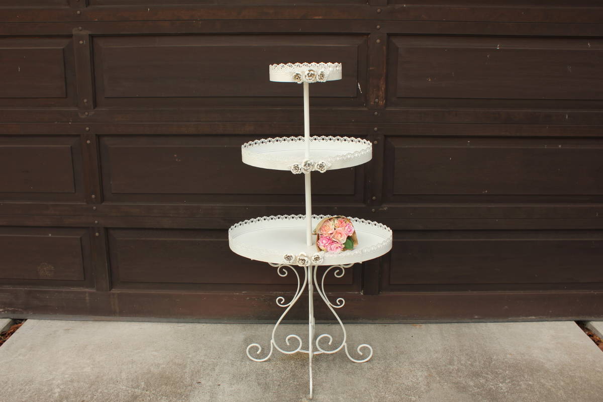 PAY2・KA-PI1*3段ローズラック*高さ約112㎝*飾り棚*アンティーク風*オフホワイト*オーバル*バラ*ディスプレイ棚*アイアンラック*店舗用