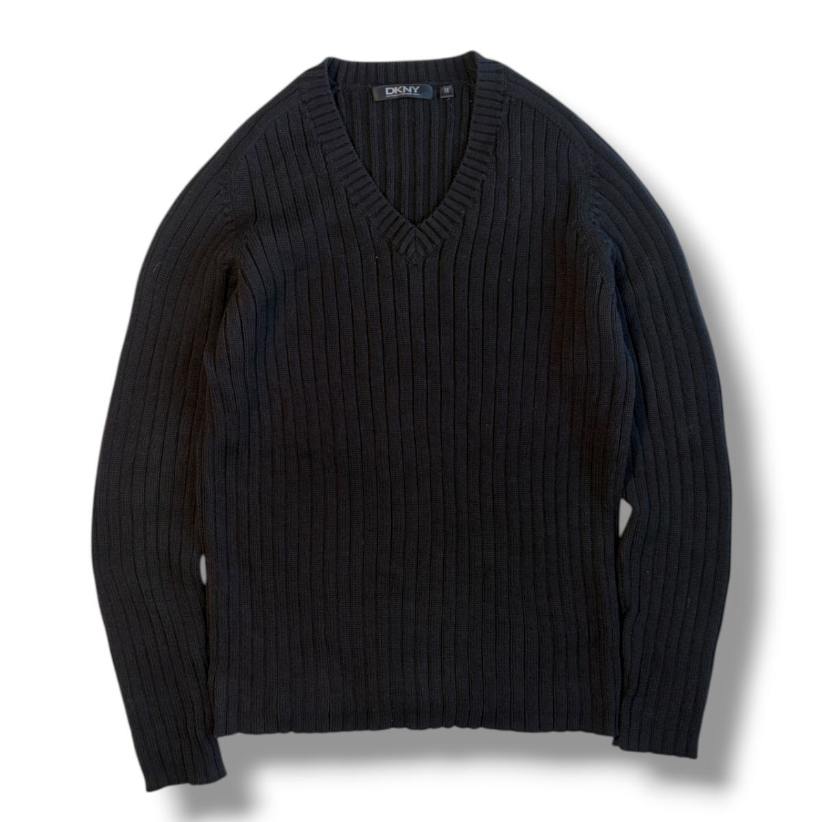 国内正規★ DKNY ダナキャラン レディース Vネック 袖スリット コットン ニット セーター Mサイズ 黒 BLACK トップス ヴィンテージ