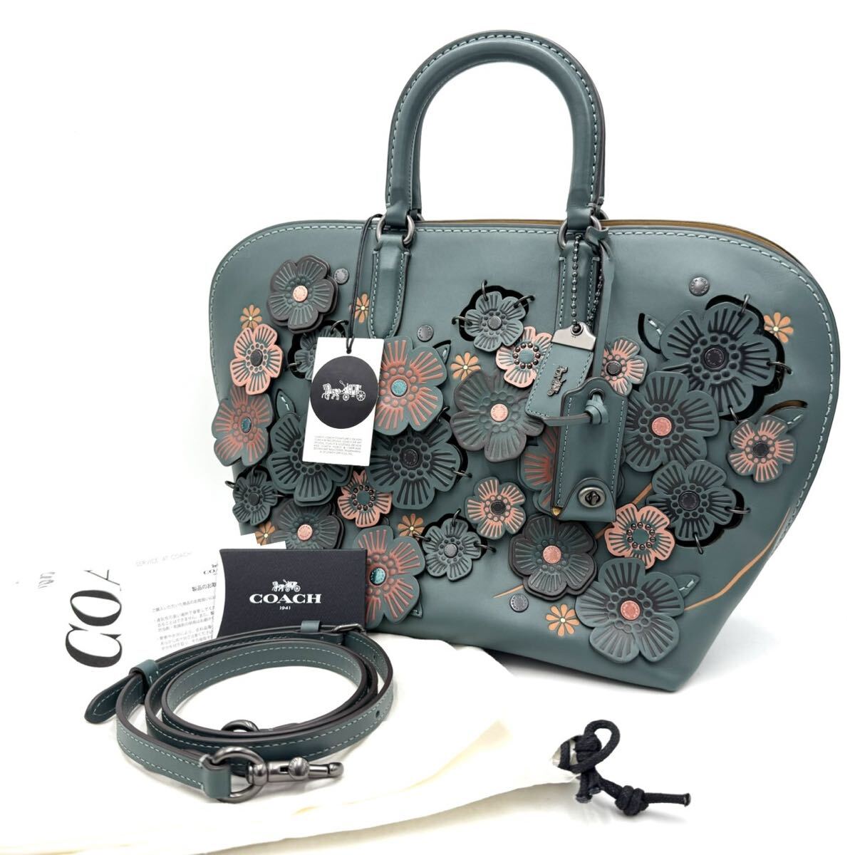 COACH ダコタ サッチェル レザー ティーローズ グリーン ハンドバッグ ショルダーバッグ フラワー 2way