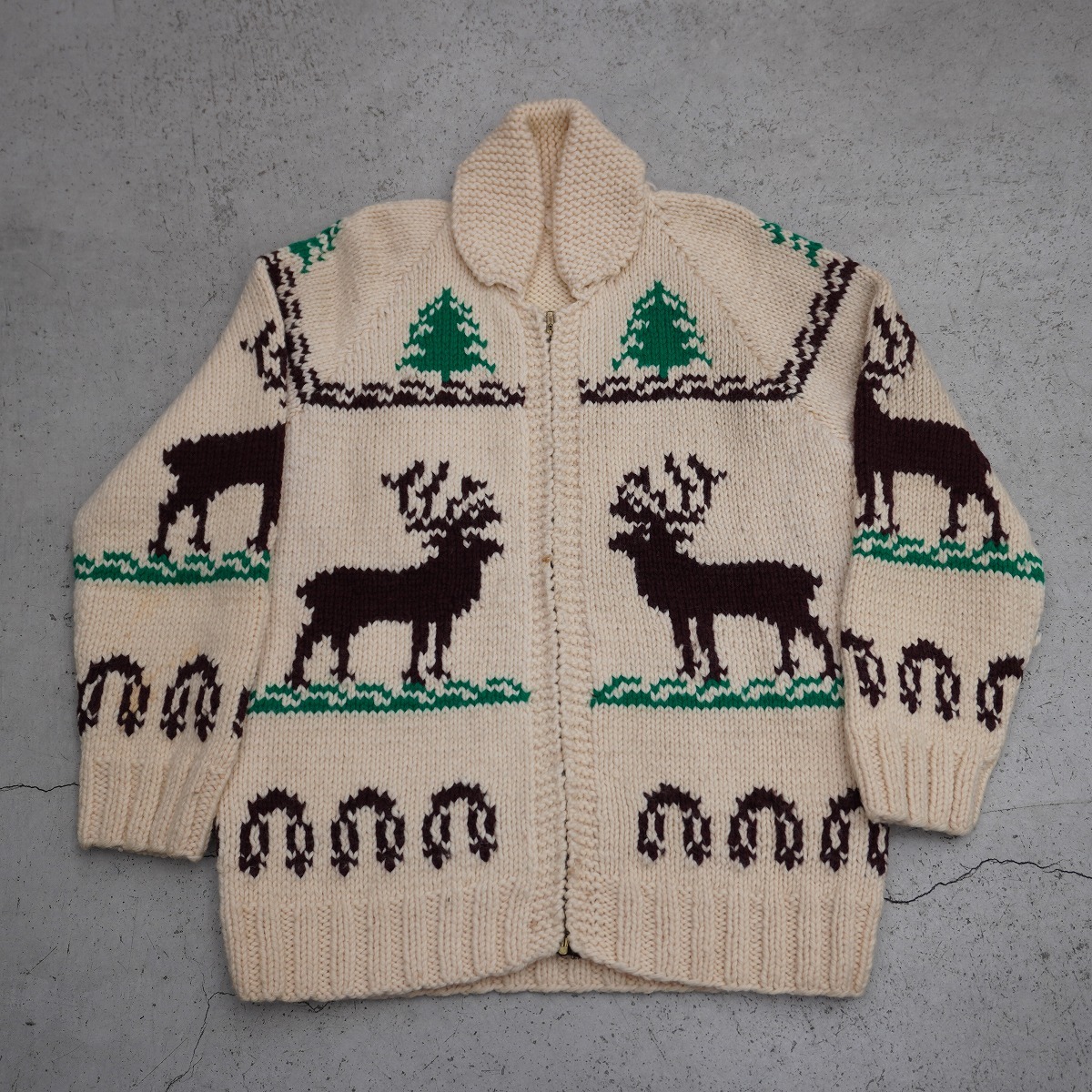 60S 70S カウチン セーター ニット カーディガン ジャケット フルジップ ハンティング柄 ショール ビンテージ 古着 アイボリー 330P★4