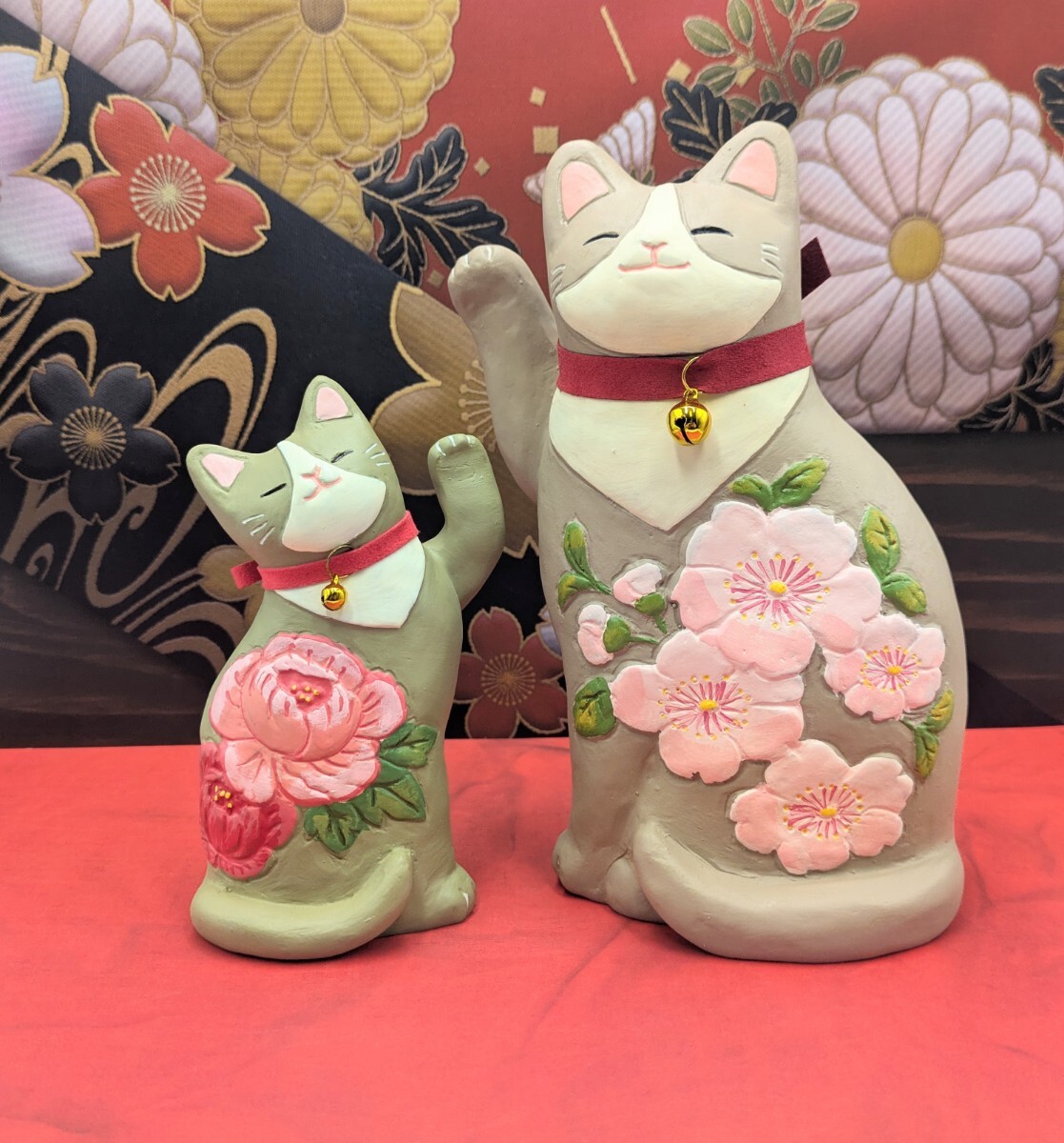 縁起物　招き猫　花招き猫　大　桜　右手上げ　小　ぼたん　左手上げ　2種セット　セトクラフト　開運　招福　千客万来　商売繁盛　金運