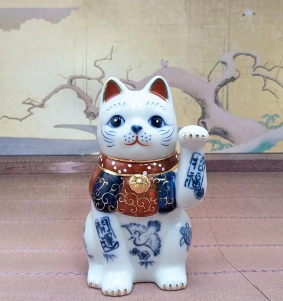 招き猫　縁起物　染錦開運招福招き猫　左手上げ　3.5号　置物　