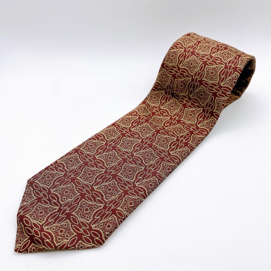【新品・未使用】BIRICHINO ネクタイ シルク100％ 絹 ビジネス 紳士 総柄 レッド系 保管品 赤 ギフト 仕事 スーツ フォーマル