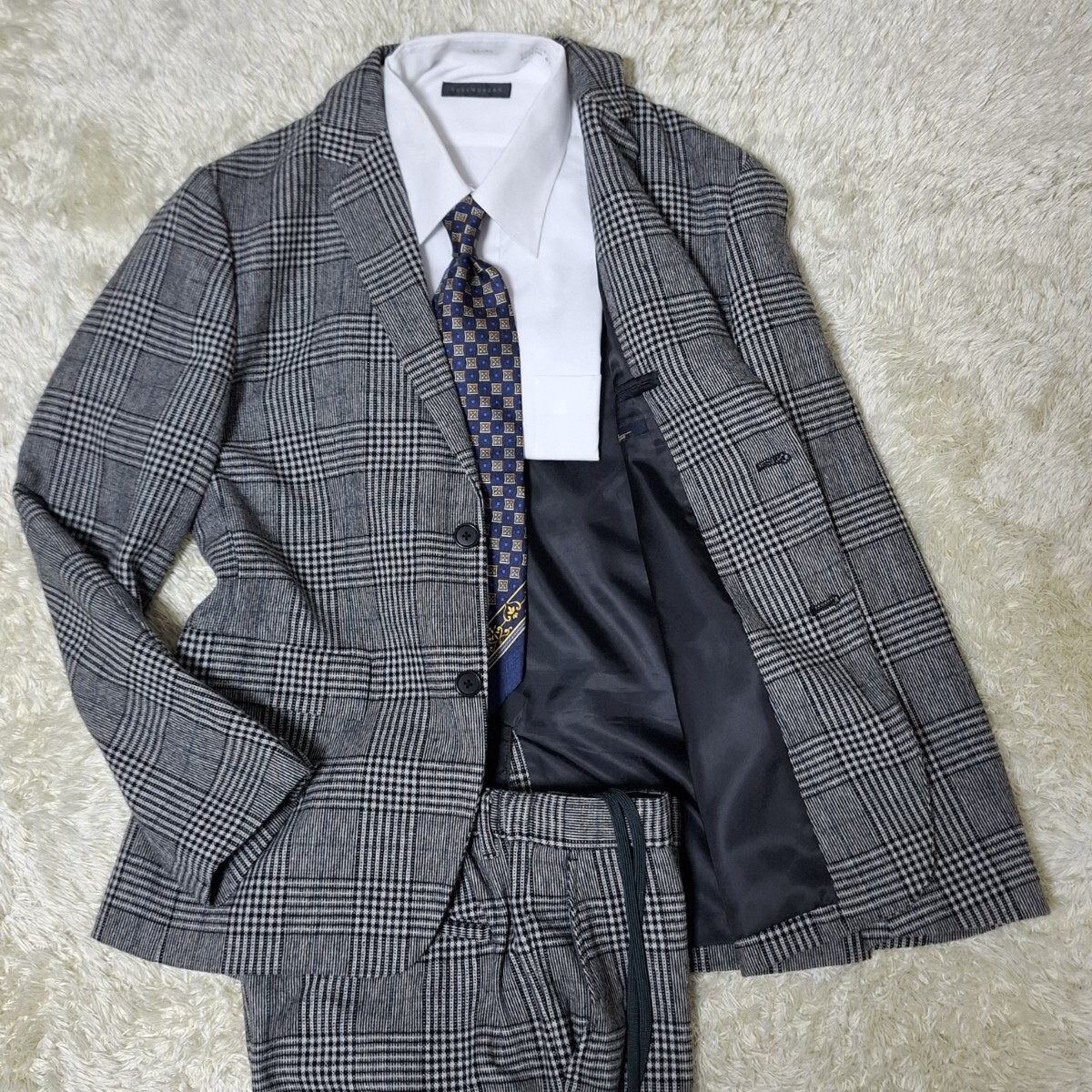希少Lサイズ ジャーナルスタンダード レリューム relume スーツセットアップ テーラードジャケット グレンチェック 灰色 毛混 ウエストゴム