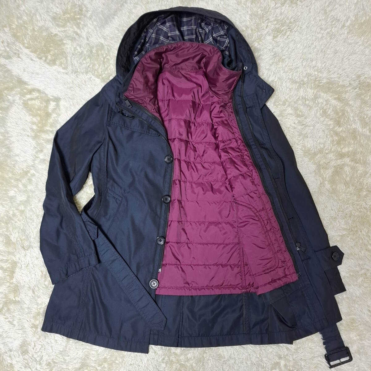 バーバリーブラックレーベル BURBERRY BLACK LABEL トレンチコートフード付 ショート丈 無地 紺色 ノバチェック柄 リバーシブルライナー
