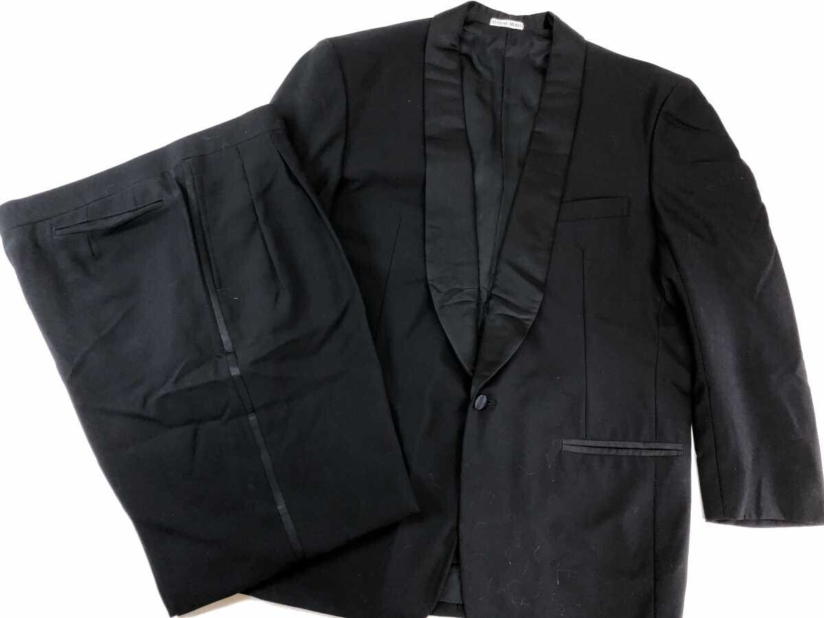 ハナエモリ HANAE MORI MONSIEUR 礼服 サテン ショールカラー タキシード スーツ 上下セット メンズ ウール100% 側章サイドライン L/LL 黒