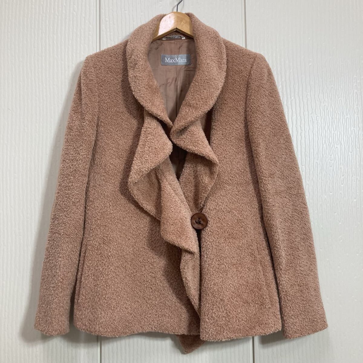 244 MaxMara 最高級 白タグ アルパカ ウール シャギー ジャケット コート 42 イタリア製 マックスマーラ 上品 革釦 裏地ロゴ総柄 51105A