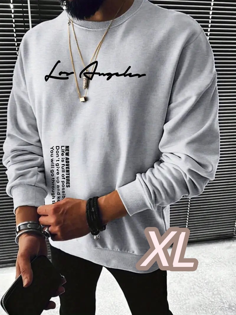 【メンズトレーナー】杢グレー★XLサイズ《Los Angeles》ミニ裏毛●オーバーサイズ■ シンプルスウェット