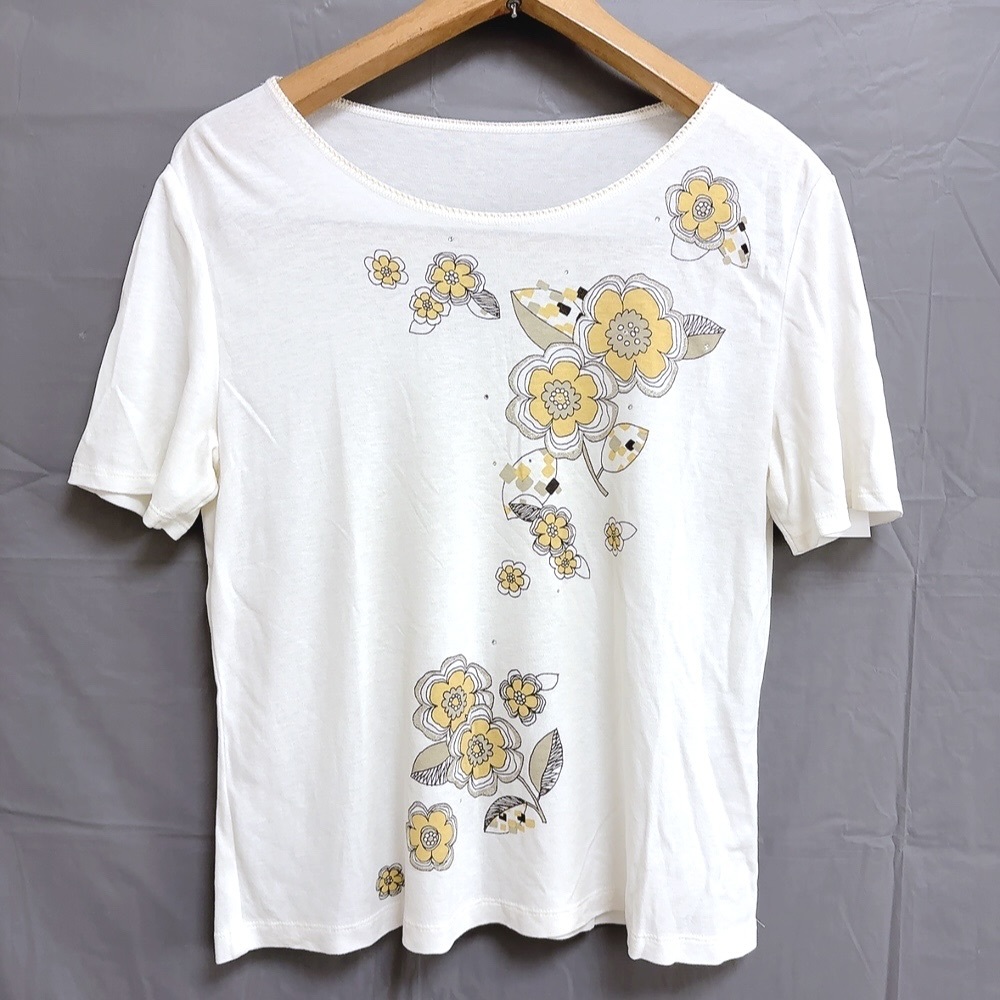 レリアン Leilian Tシャツ 半袖 花 白x黄色 11サイズ 969283