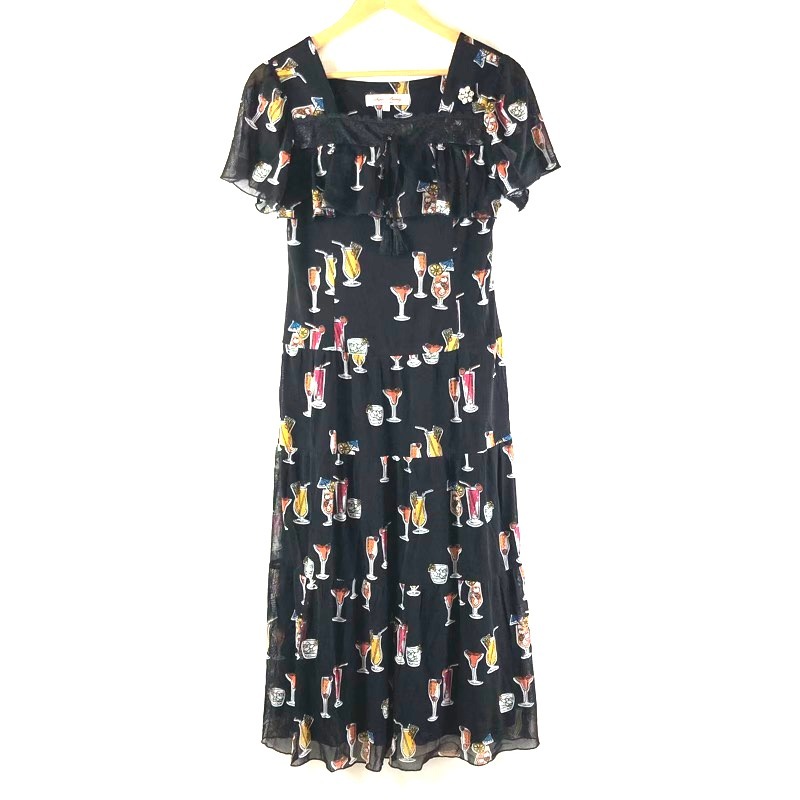 スーパービューティー super beauty ワンピース 半袖 カクテル柄 シフォン ビジュー付き ブラック系 42サイズ 978150