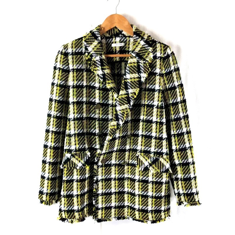 イブルース IBLUES コート チェック フリンジ 長袖 イタリア製 フェイクポケット 黄 黒 白 42サイズ 976661
