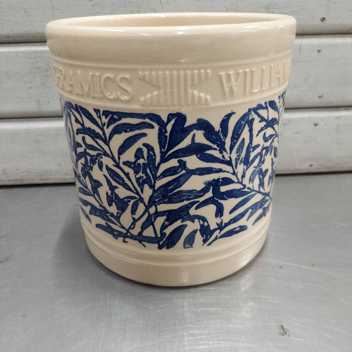 即決！送料無料♪ウイリアム　モリス William Ｍorris セラミックポット ＷM リーフシリンダー　ブルー　 約φ１６ｘＨ１６cm 
