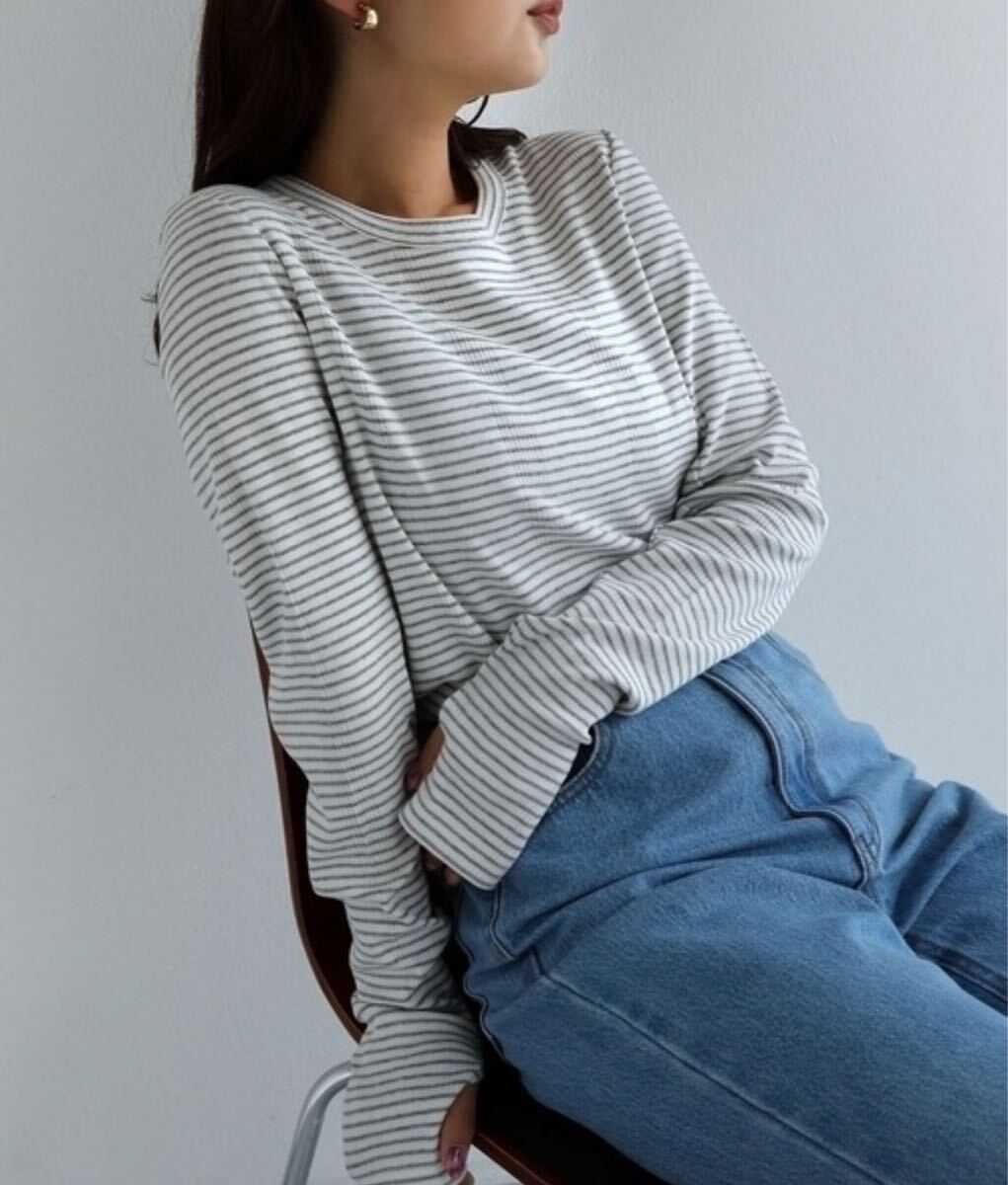 アンドミー andme tシャツ ボーダーフライスクルーネック指穴長袖トップス レディース 長袖 ロンT ボーダー　 長袖カットソー M 定価 即決