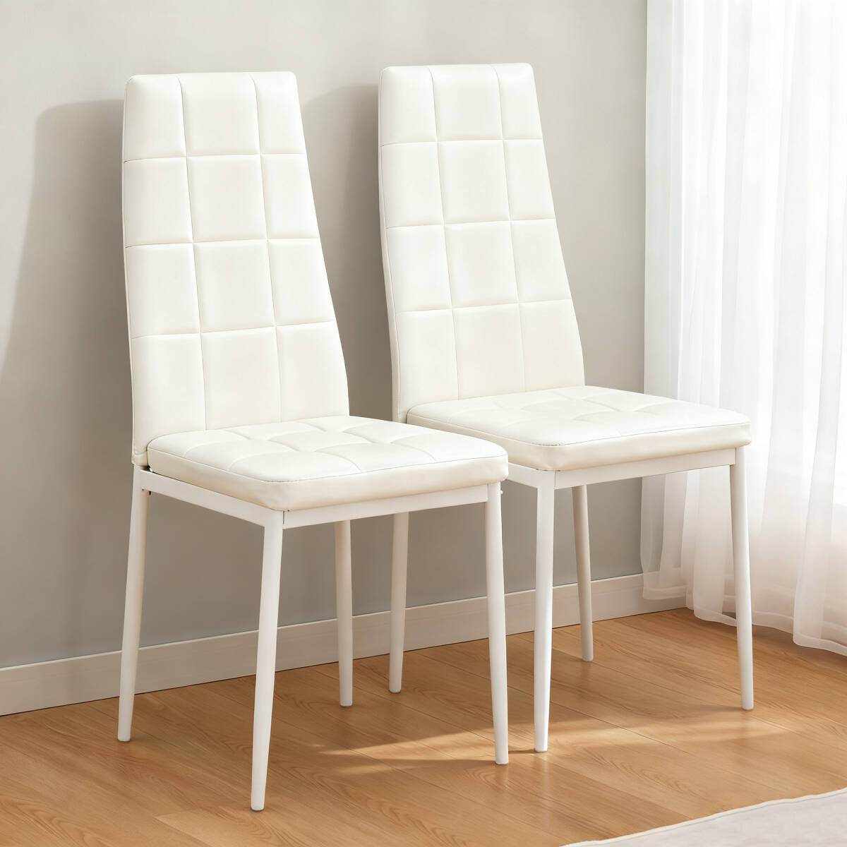 PUレザーダイニングチェア ハイバック ボックスステッチデザイン シンプルモダン 家庭用 【 ホワイト2脚セット】 