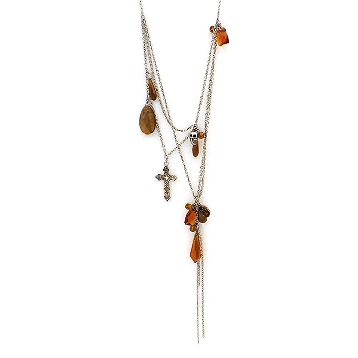 メタル ネックレス チェーン アシンメトリー ビーズ ドクロ スカル 十字架 シルバーカラー 送料220円