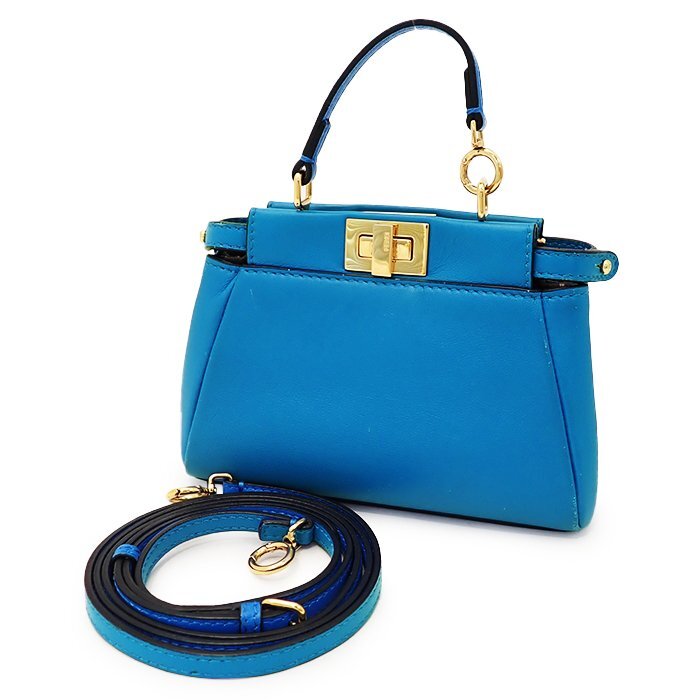 フェンディ(FENDI) マイクロ ピーカブー 8M0355 2wayショルダーバッグ レザー ブルー ゴールド金具 ハンドバッグ 斜め掛け鞄 ミニバック