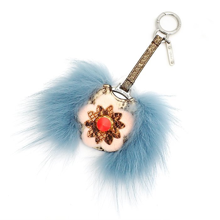 フェンディ(FENDI) バッグチャーム ミラー付き 7AR455 パイソン ミンクファー キーホルダー 鏡 フラワー 花 マルチカラー ブルー ピンク