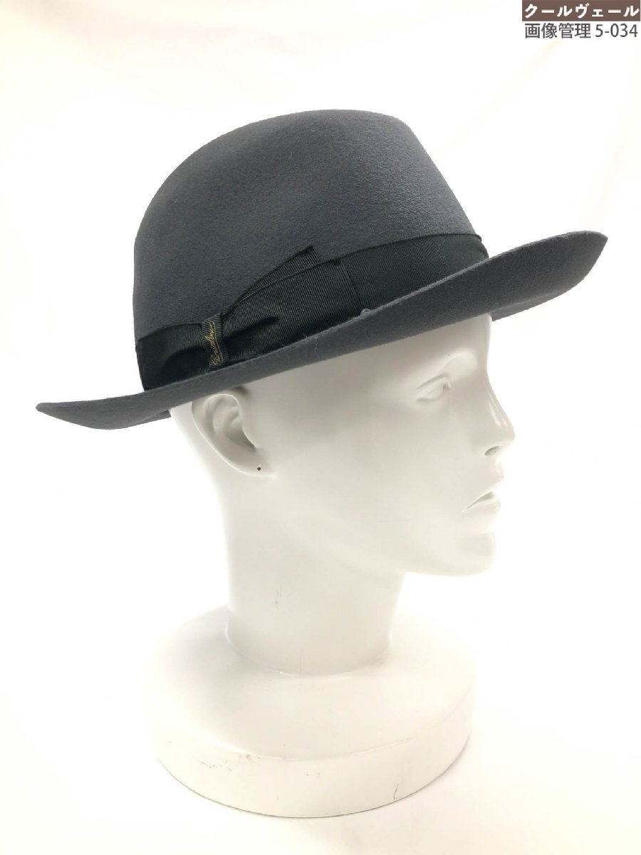 HH美品【Borsalino ボルサリーノ】 リボン装飾 中折れ フェルトハット (メンズ) size57 チャコールグレー×深緑 イタリア製 ◇33ME7864◇