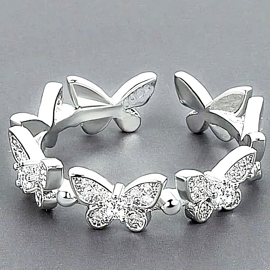 新品★送料無料★フリーサイズ エタニティダイヤモンド蝶々 プラチナ仕上925シルバーリング誕生日プレゼント旅行聖夜冬ギフト国内発送