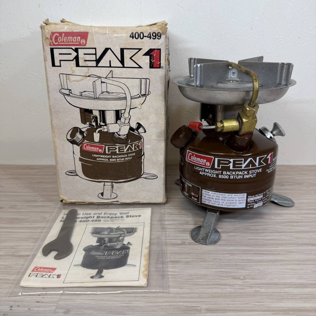 【MH-1528】未使用品 Coleman Peak1 stove ストーブ 波型五徳 コールマン ピーク1 MODEL 400 茶ピーク 初期型 箱付き