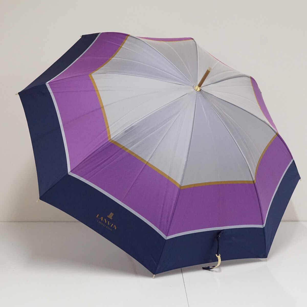 傘 LANVIN COLLECTION ランバンコレクション USED美品 プリントツイル先染 レザー手元 バイオレット 58cm S3327
