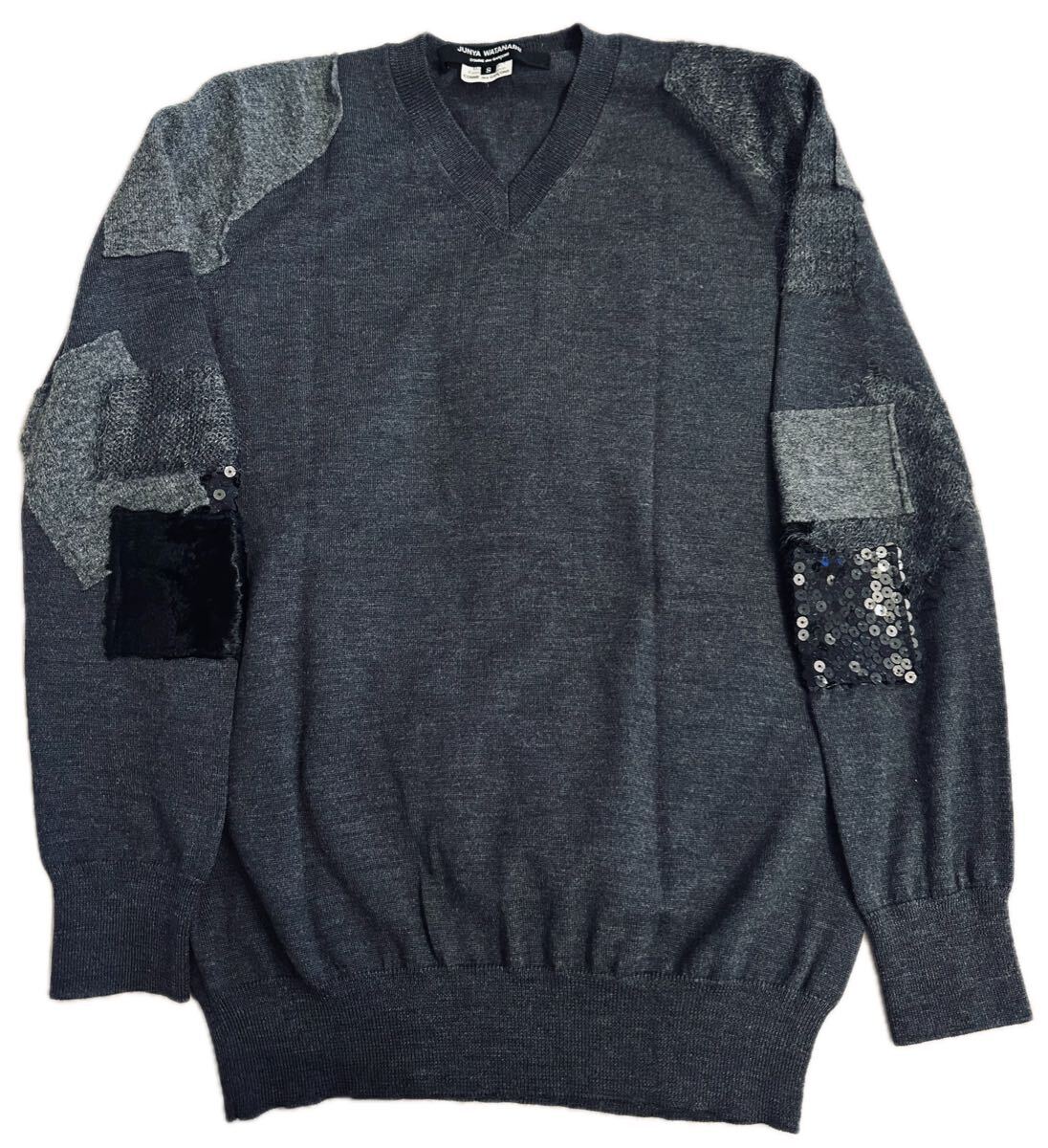 美品【ジュンヤワタナベ】パッチワーク Vネック ニット グレー セーター ウール スパンコール ベロア モヘア 異素材 ミックス ユニセックス