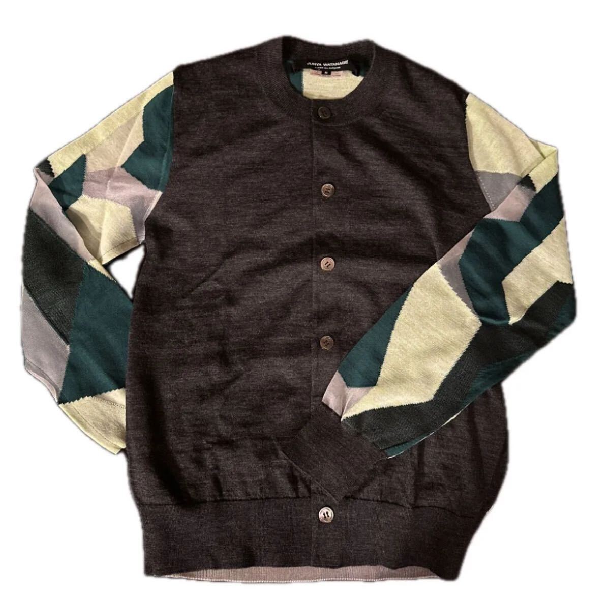 新品【コムデギャルソン】ジュンヤワタナベ　パッチワーク　カーディガン グリーン系　メッシュ　異素材　ハイブリッド　ユニセックス