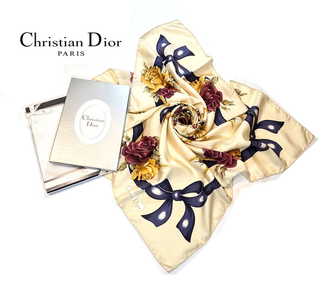 値下げ★Christian Dior 専用箱付 ディオール 大判 シルクスカーフ 薔薇 「rose」美品