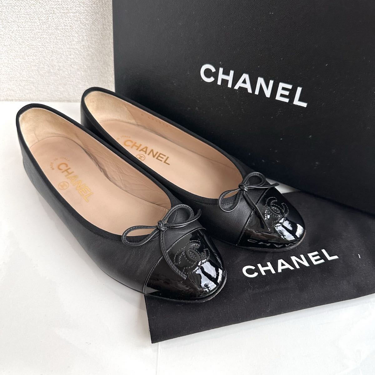 CHANEL シャネル 定番 ココマーク リボン バレリーナ フラットシューズ パンプス ミュール 黒 レーディス シューズ 靴 37 現行極美品
