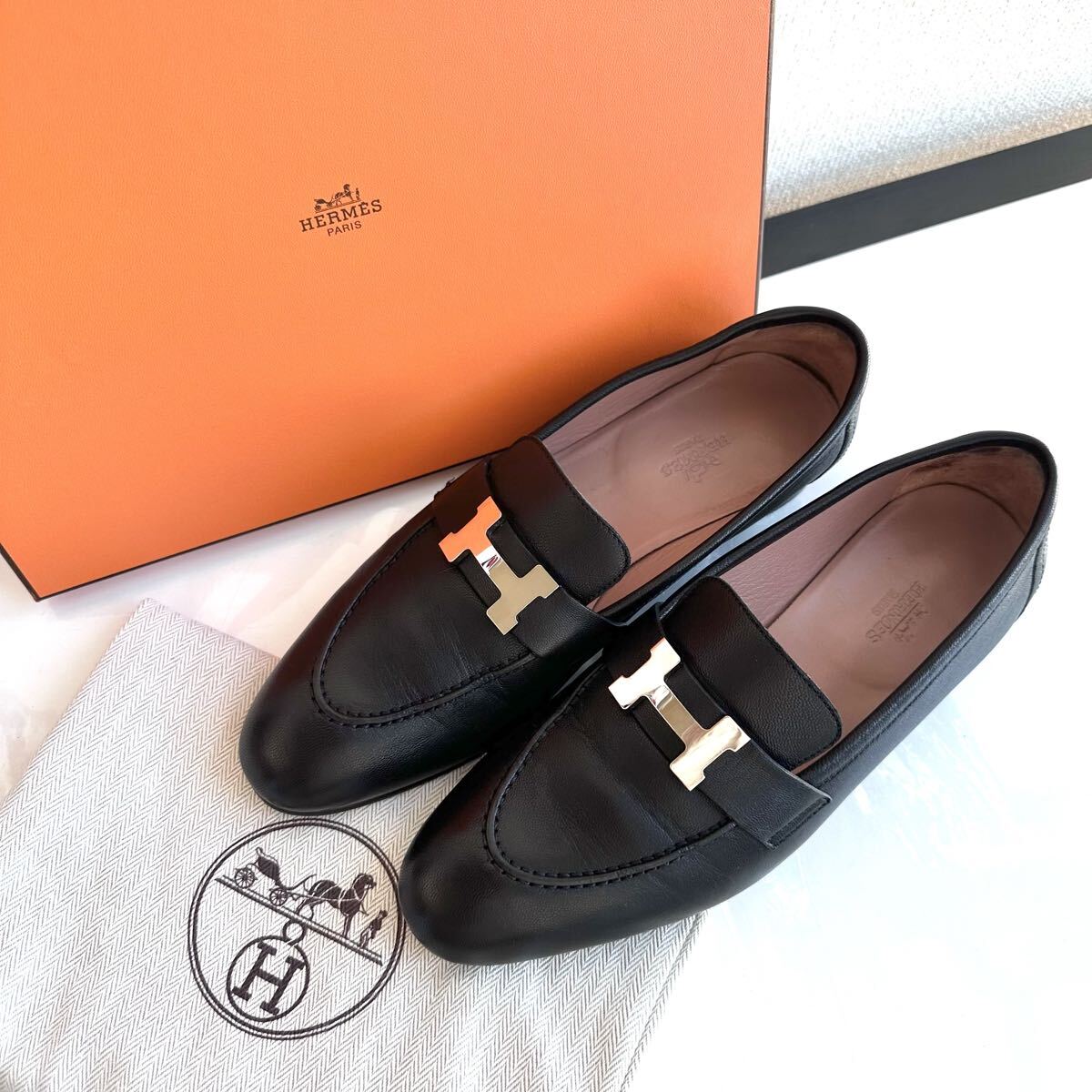 HERMES エルメス モカシンパリ コンスタンス H金具 ローファー 革靴 フラットシューズ 定番 レザー 靴 37 レーディス シューズ 極美品 黒