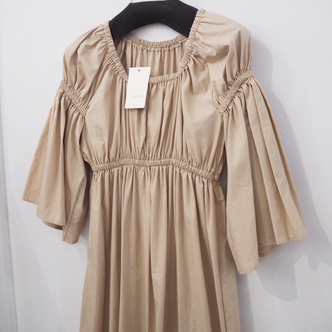 新品 定価29700円 ウィムガゼット 春夏 ギャザー ワンピース ベージュ フリー M L S Whim Gazette ワンピ ボリューム袖 フレア ロング 半袖