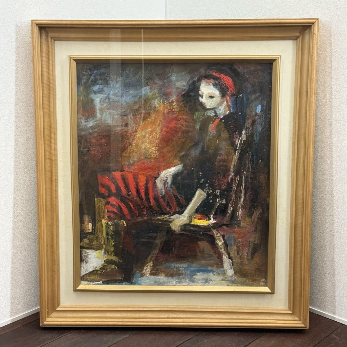 H110KZ17e 作者不明 油彩画 女性像 人物画 油絵 油彩 椅子に座る女性 アート インテリア 木製フレーム アンティーク調 