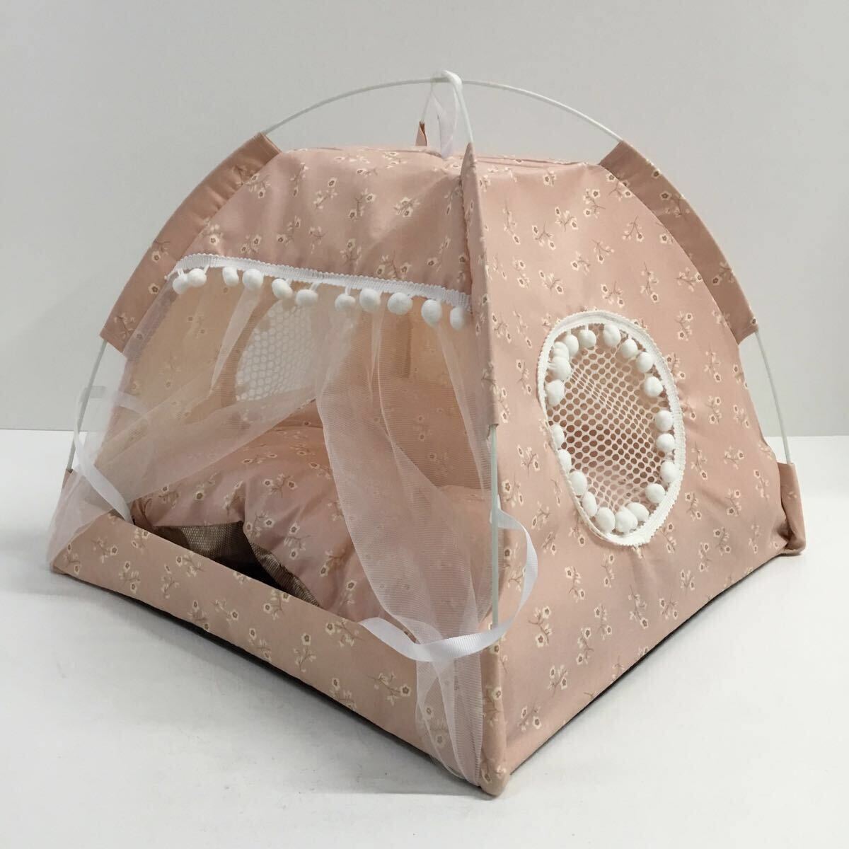 【未使用】猫テント 猫ベッド ペットテント ペットベッド ポータブルペットサークル ハウス 半密閉型 寝具 ピンク レース 花柄 ペット用品