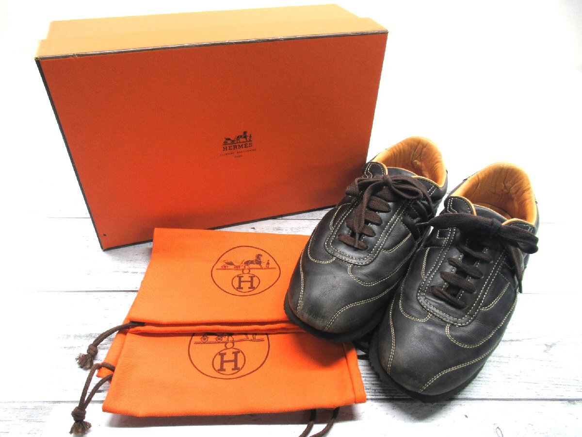 ☆☆【B送900円】2633　HERMES　エルメス　クイック　レザースニーカー　ローカット　ブラウン系　Hロゴ　レディース　イタリア製　38 1/2