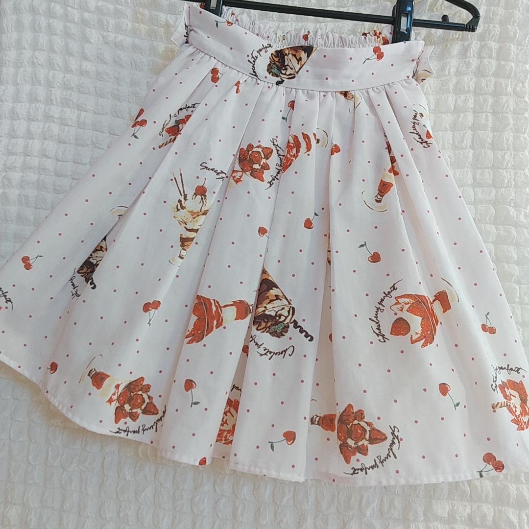 ■Ank Rouge■Sweet Parfaitウエストリボンスカート ピンク■ウエストゴム■ガーリーロリータロリィタ量産型パフェ苺いちごイチゴ柄ドット