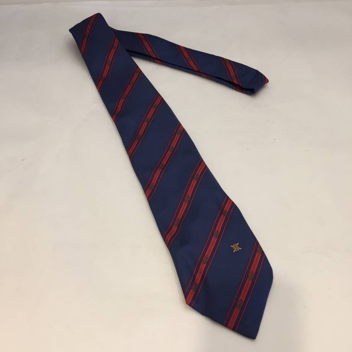 F110406◎③ストライプ ネイビー 赤 CELINE セリーヌ ネクタイ シルク スペイン製◎