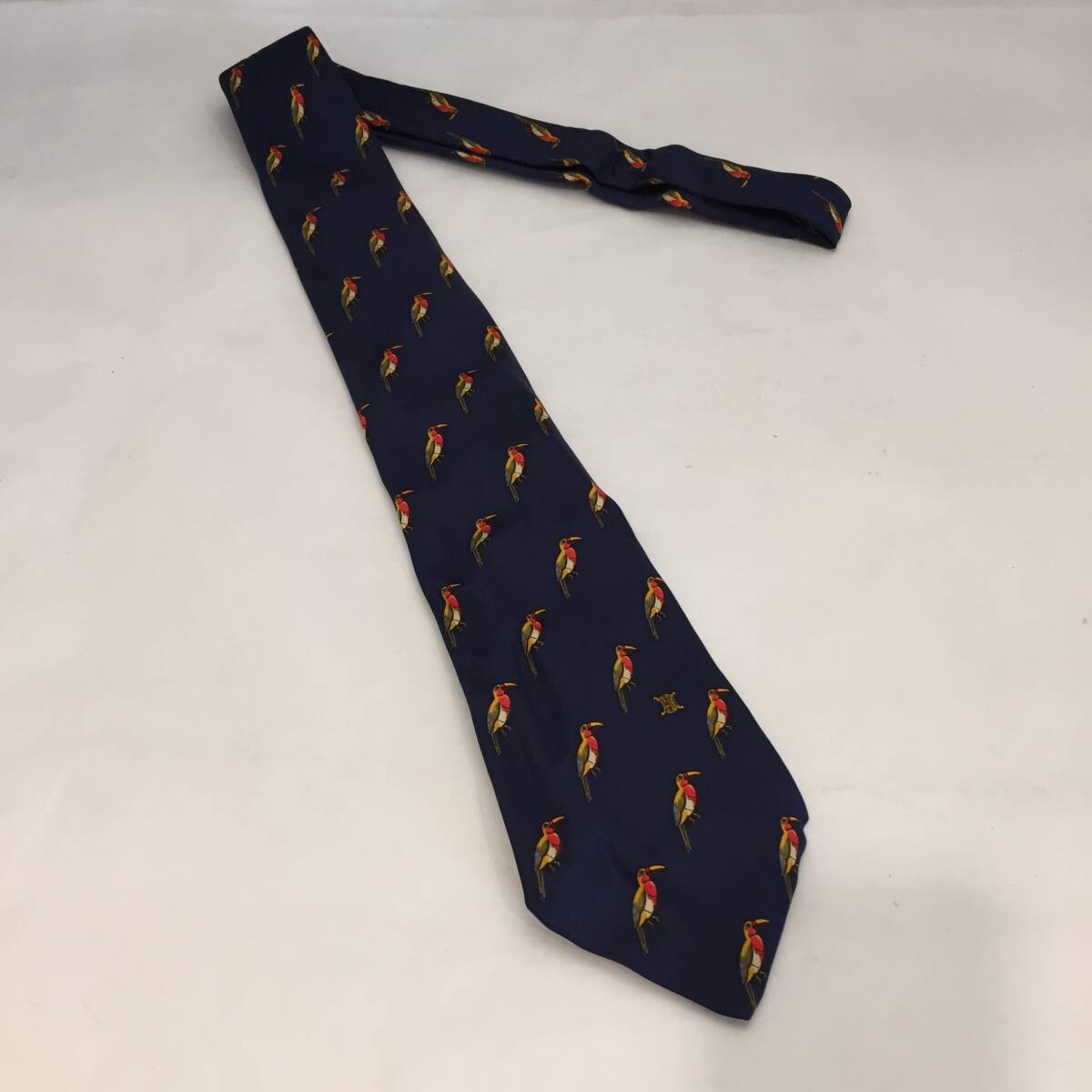 F110407◎④ ネイビー 鳥 CELINE セリーヌ ネクタイ シルク スペイン製◎