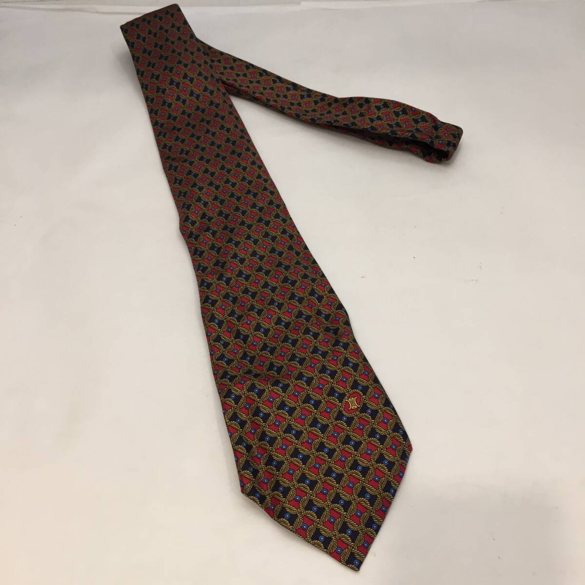 F110503◎⑩総柄 赤 紺 CELINE セリーヌ ネクタイ シルク スペイン製◎