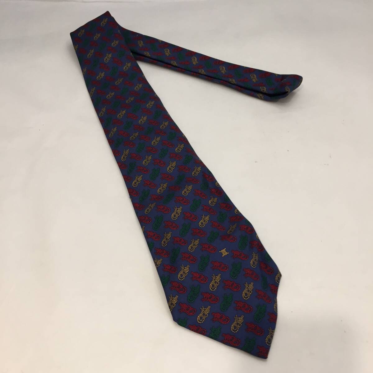 F110504◎⑪総柄 マカダム ネイビー CELINE セリーヌ ネクタイ シルク スペイン製◎