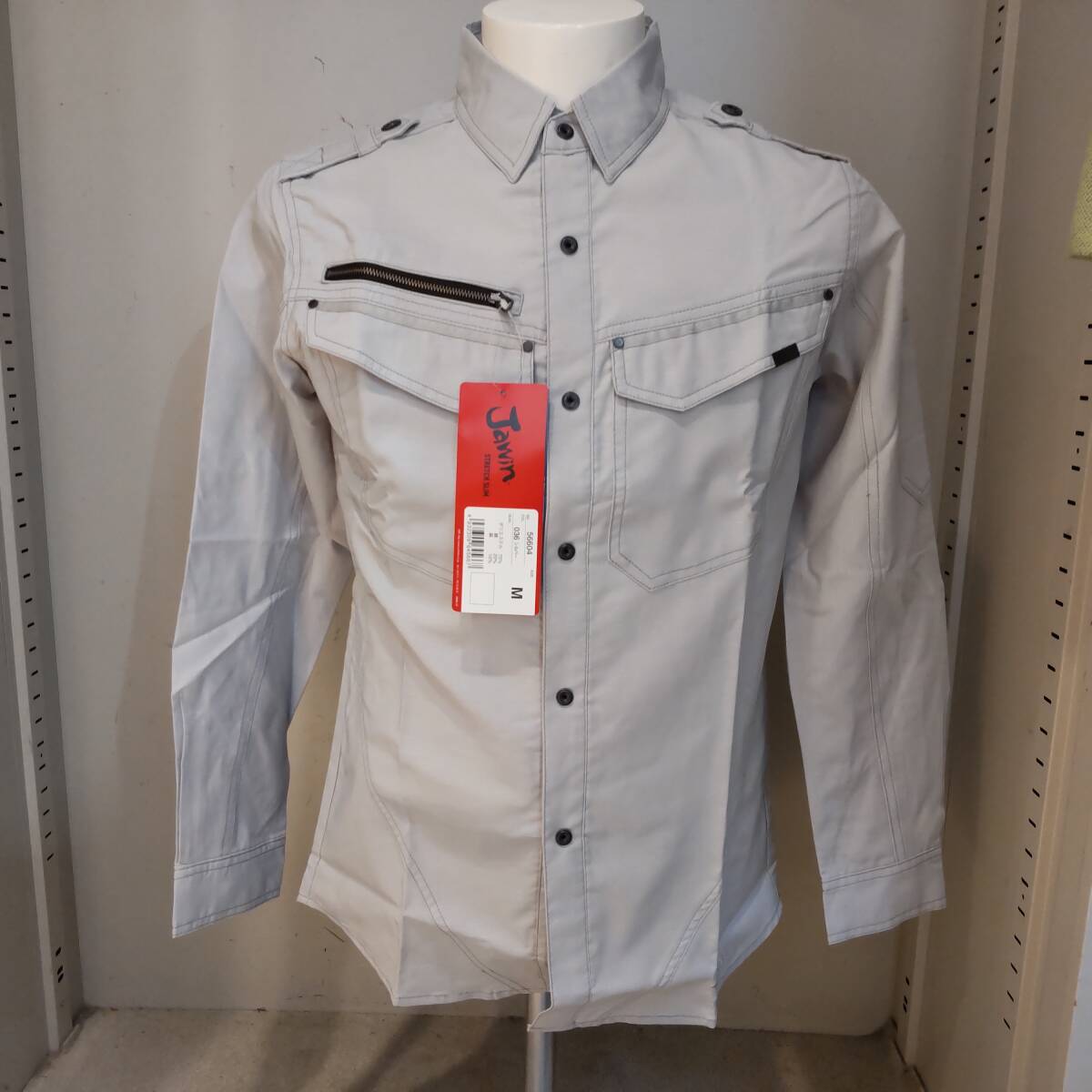 Y111915■(36)未使用 自重堂 Jawin 56604 春夏 ストレッチ長袖シャツ スナップボタン Mサイズ シルバー ワークシャツ 保管品■