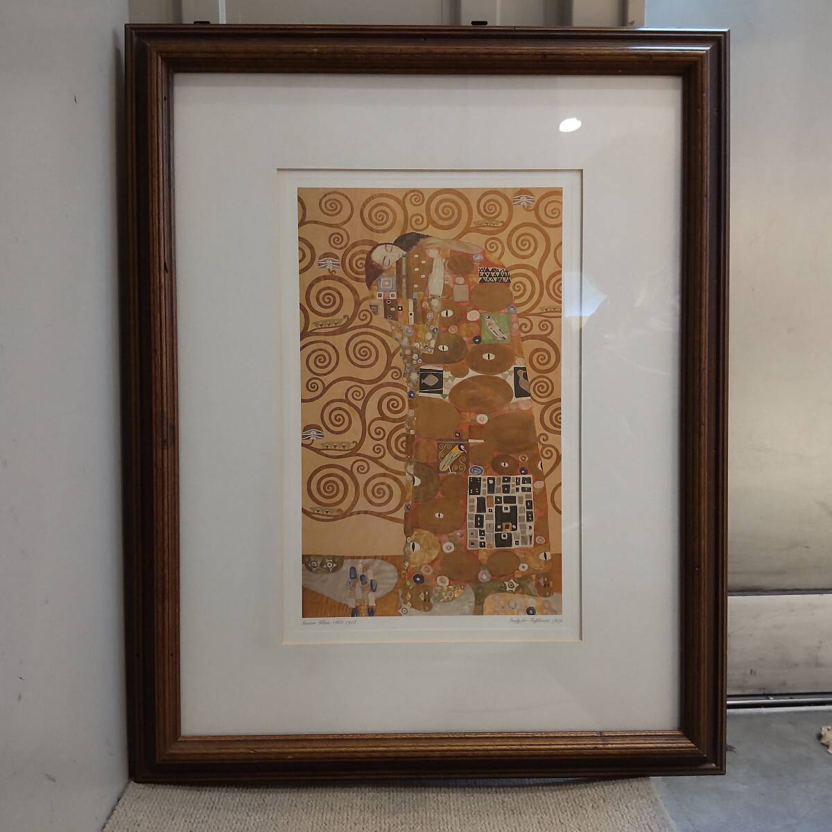 Y112602■印刷 Gustav Klimt グスタフ・クリムト 「抱擁」 額装 幅約45cm 高さ約56cm 木製 Study for Fulfilment ジクレープリント■