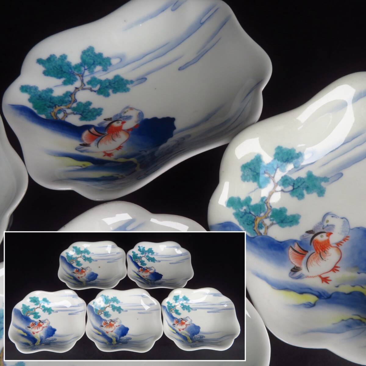 【SAKURAYA】コレクター所蔵品【色鍋島 鴛鴦文皿 五客】飾皿 五枚 時代物 茶道具 古鍋島 箱 骨董品 古美術品 全長15.5cm