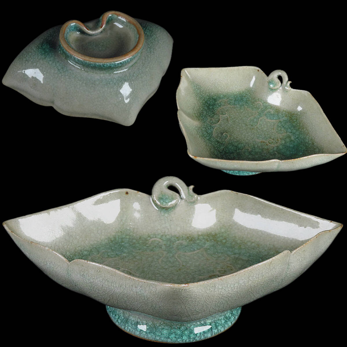 【SAKURAYA】江戸時代 尾張徳川家への献上品 御深井焼 葵葉形皿 向付 青磁 小皿 茶道具 希少品 時代 骨董品 古美術品 全長17cm