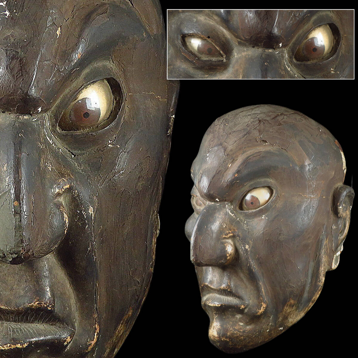 【SAKURAYA】コレクター所蔵品【木彫 玉眼入 胡飲酒面（こんじゅめん）】木製 お面 面 時代 能 狂言 歌舞伎 邪楽 骨董品 古美術品 25.5cm